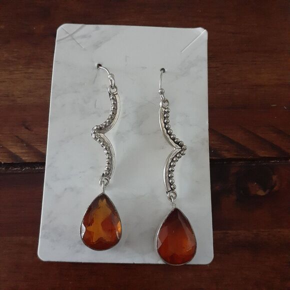 925 Sterling Silver Dangle Earrings Brown Stone Chandelier Pierced - Picture 1 of 5